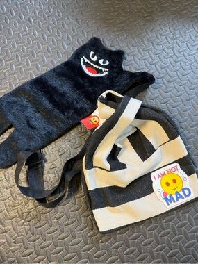 Lot of 2 Novelty Bags: Striped Emoji Tote NWT & Plush Cat Crossbody NWOT